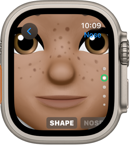 The Memoji app on Apple Watch showing the Nose editing screen. There’s a close up of the face, centered on the nose. The word Shape appears at the bottom.