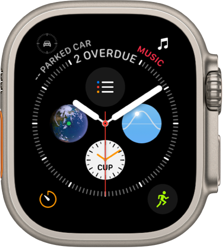 The Infograph watch face showing complications in each corner and four subdials in the middle.