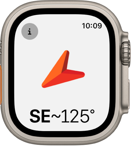 The Compass app showing a large arrow pointing in the direction of the heading that appears below. The Info button is at the top left.