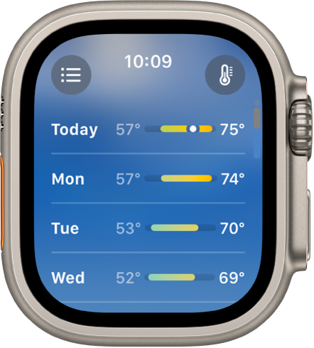 The 10-day forecast screen, showing four days of estimated low and high temperatures.