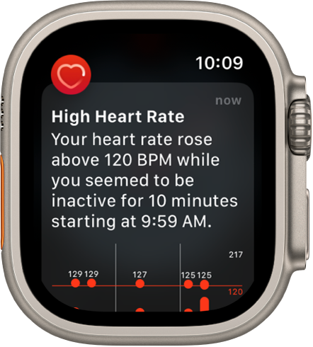 A Heart Rate Alert screen indicating that a high heart rate has been detected.