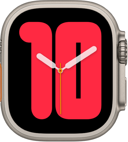 Numerals Mono watch face showing analog hands over a large number, indicating the hour.