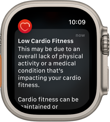 A Heart Rate alert, indicating low cardio fitness.