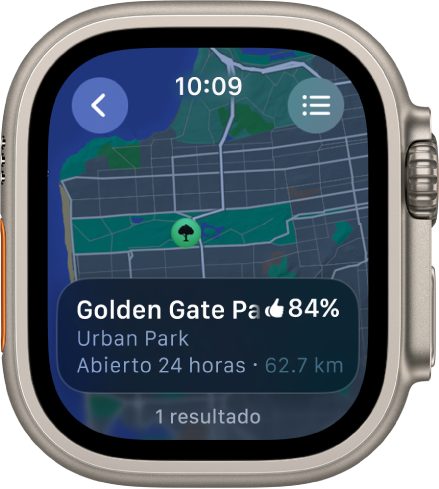 La app Mapas mostrando un mapa del Golden Gate Park en San Francisco con una calificación del parque, sus horas de apertura y la distancia desde tu ubicación actual. El botón Rutas está en la esquina superior derecha. El botón Atrás está en la esquina superior izquierda.