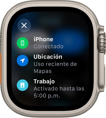 El estado del centro de control mostrando el iPhone conectado, la ubicación usada recientemente por Mapas y el enfoque Trabajo activado hasta las 5 p.m.