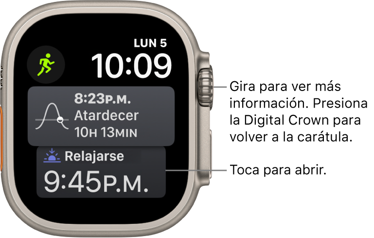 La carátula Siri mostrando la fecha y la hora en la parte superior derecha. Hay una complicación Fase lunar en la parte superior izquierda. Debajo está la complicación Amanecer/Atardecer. En la parte inferior está la complicación Sueño.