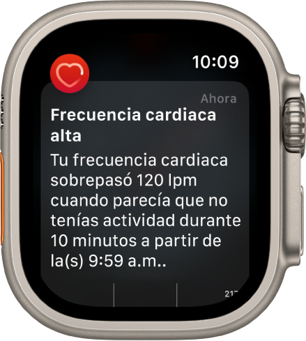 Alerta de Frecuencia Cardiaca indicando una frecuencia elevada.