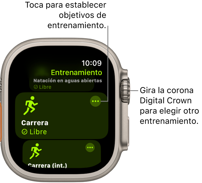 La pantalla Entrenamiento con la opción Carrera al aire libre resaltada. Hay un botón Más en la esquina superior derecha del recuadro Entrenamiento.