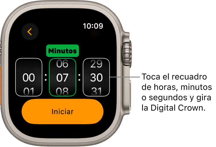 Configuración para crear un temporizador personalizado, con las horas en la izquierda, los minutos en el centro y los segundos en la derecha. Debajo está el botón Iniciar.