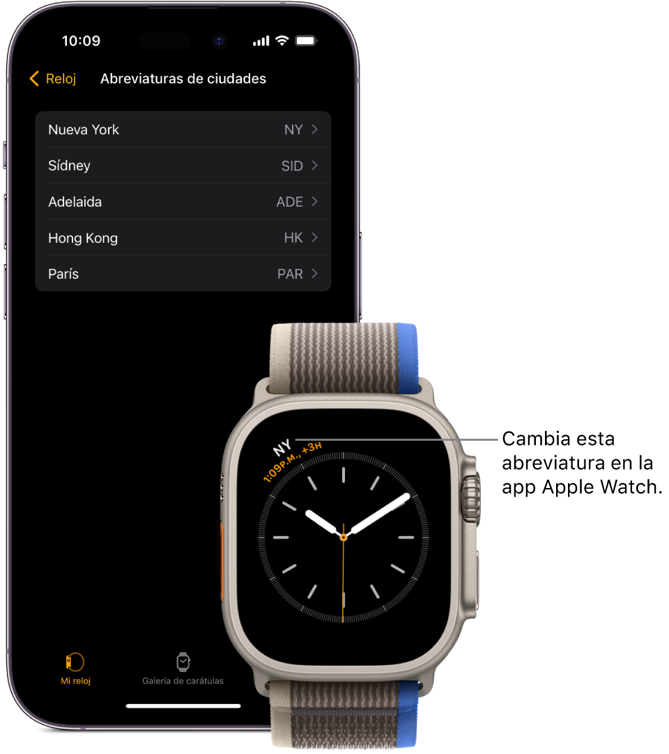 Un iPhone y un Apple Watch lado a lado. La pantalla del Apple Watch muestra la hora de la ciudad de Nueva York, usando la abreviatura NYC. La pantalla del iPhone muestra la lista de ciudades en la configuración Reloj en la app Apple Watch en iPhone.