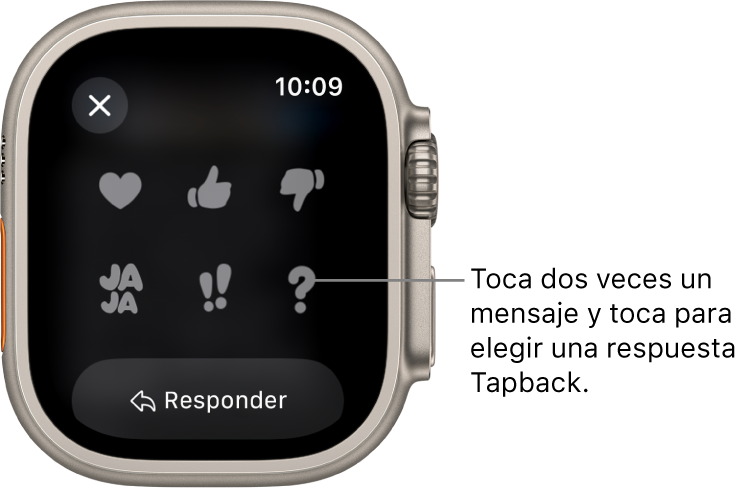 Una conversación de mensajes con opciones de respuesta Tapback: corazón, pulgar hacia arriba, jaja, !! y ?. Debajo se encuentra el botón Responder.