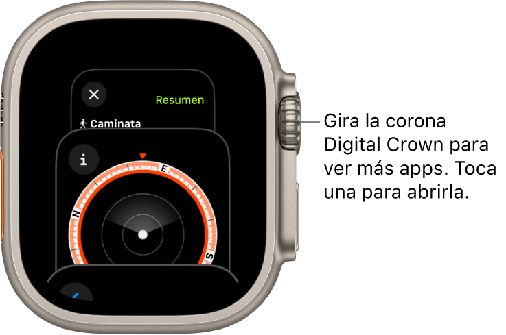 El selector de apps mostrando la app Brújula. Gira la corona Digital Crown para ver más apps. Toca una para abrirla.