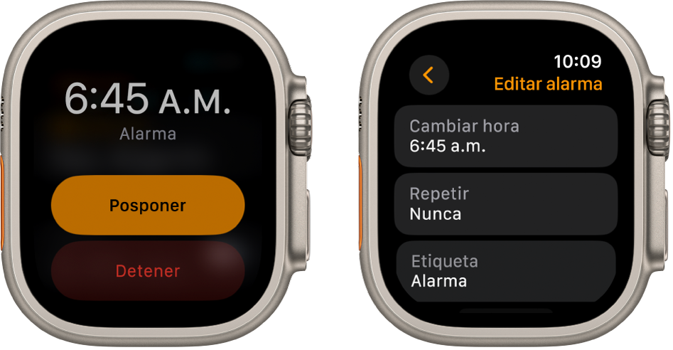 Dos pantallas de reloj: una muestra una carátula con los botones para posponer y detener, y la otra muestra la configuración Editar alarma con los botones Cambiar hora, Repetir y Etiqueta. El botón Posponer está en la parte inferior. El interruptor Posponer está desactivado.