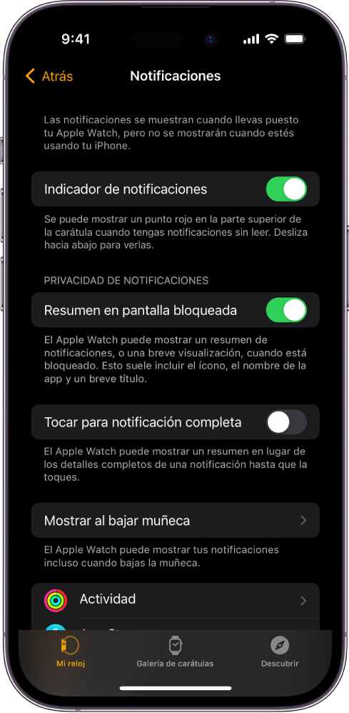 La pantalla Notificaciones en la app Apple Watch en el iPhone mostrando fuentes de notificaciones.