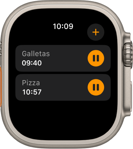 Dos temporizadores en la app Temporizadores. Un temporizador llamado Galletas está en la parte superior. Debajo está un temporizador llamado Pizza. Cada temporizador muestra el tiempo restante debajo de su nombre, y el botón Pausar a la derecha. El botón Agregar está en la esquina superior derecha.