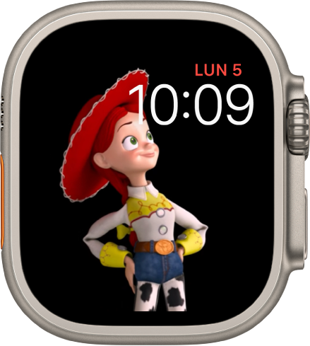 La carátula Toy Story muestra el día, la fecha y la hora en la parte superior derecha y el personaje Jessie animado en el área izquierda de la pantalla.