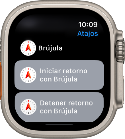 La app atajos en el Apple Watch mostrando dos atajos de Brújula: Iniciar retorno y Detener retorno.