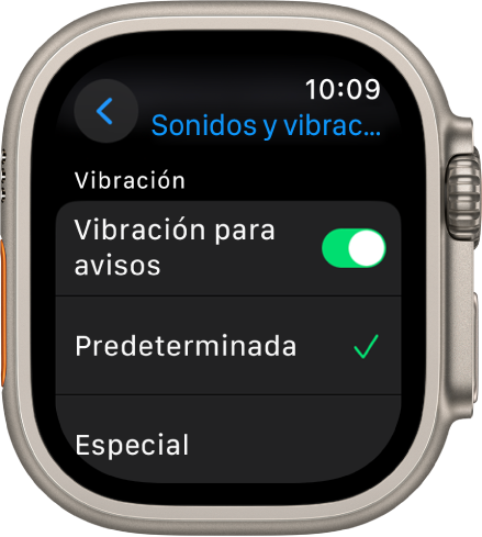 Configuración de Sonidos y vibración en el Apple Watch con el interruptor Vibración para avisos y los botones Predeterminado y Especial debajo.