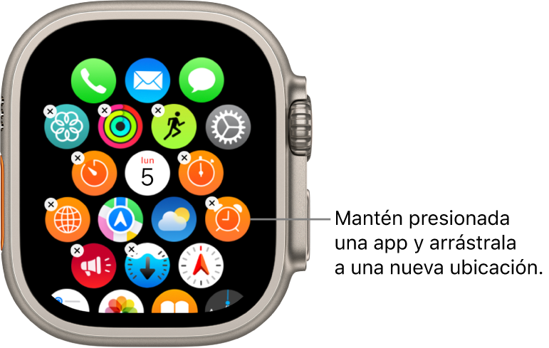 Pantalla de inicio del Apple Watch en la visualización como cuadrícula.