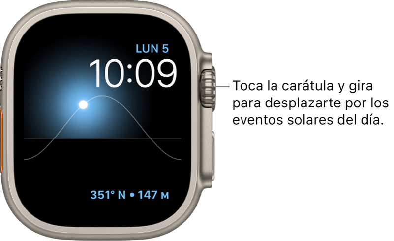 La carátula Gráfica solar, que muestra el día, la fecha y la hora actuales (y que no puedes modificar). Aparece la complicación Dirección en la parte inferior derecha. Toca la carátula y gira la Digital Crown para mover el sol en el cielo a las posiciones de anochecer, amanecer, cenit, atardecer u oscuridad.