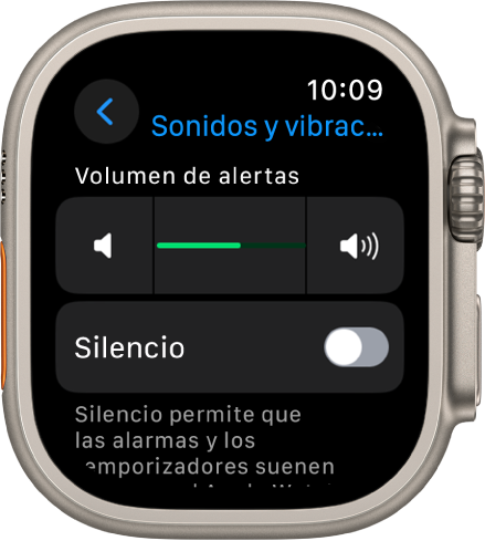 Configuración Sonidos y vibración en el Apple Watch, con el regulador Volumen de alerta en la parte superior y el botón del modo Silencio debajo de él.