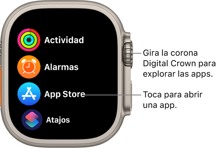 Pantalla de inicio con la visualización como lista en el Apple Watch, con apps en una lista. Toca una app para abrirla. Desplázate para ver más apps.