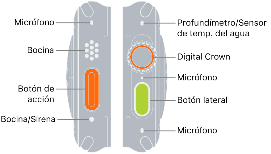 Los dos lados de un Apple Watch Ultra. La imagen de la izquierda muestra la parte posterior del Apple Watch Ultra a la izquierda. De arriba abajo, los textos indican el micrófono, la bocina, el botón de acción y un puerto de bocina por el cual se emite la sirena. La imagen de la derecha muestra la parte posterior del Apple Watch Ultra a la derecha. De arriba abajo, los textos indican el medidor de profundidad/el sensor de temperatura del agua, la Digital Crown, el micrófono, el botón lateral y otro micrófono.