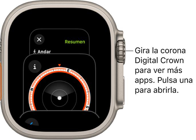 El selector de app con la app Brújula. Gira la corona Digital Crown para ver más apps. Toca una para abrirla.