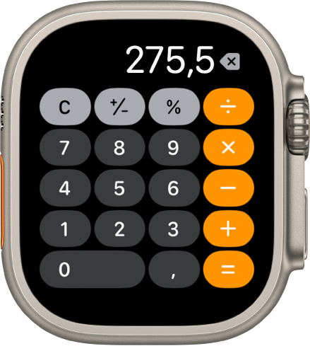 Apple Watch con la app Calculadora. La pantalla muestra el típico teclado numérico con las funciones matemáticas a la derecha. Arriba están los botones C, suma, resta y propina.