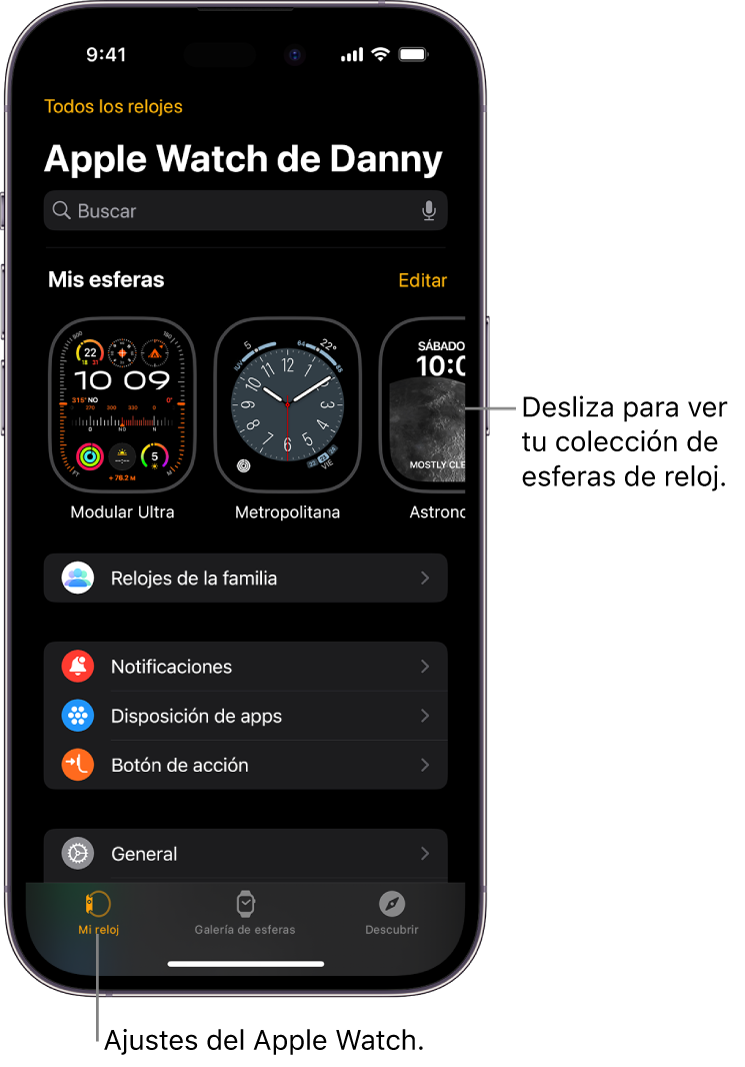 La app Apple Watch del iPhone abierta en la pantalla “Mi reloj”, donde se muestran las esferas del reloj junto a la parte superior y los ajustes debajo. Hay tres pestañas en la parte inferior de la pantalla de la app Apple Watch: la pestaña izquierda es “Mi reloj”, donde puedes ver los ajustes del Apple Watch; a continuación se encuentra la pestaña “Galería de esferas”, donde puedes explorar las esferas y complicaciones disponibles; y por último está la pestaña Descubrir, donde puedes aprender más sobre el Apple Watch.