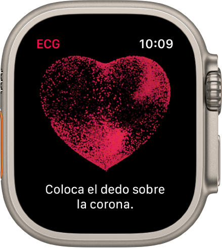 La app ECG mostrando la imagen de un corazón y las palabras “Coloca el dedo sobre la corona”.