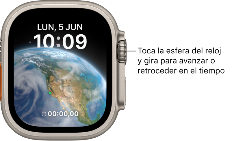 En la esfera Astronomía, se muestran el día de la semana, la fecha y la hora actual. Abajo se muestra una complicación de temporizador. Toca la esfera del reloj y gira la corona Digital Crown para avanzar y retroceder en el tiempo.