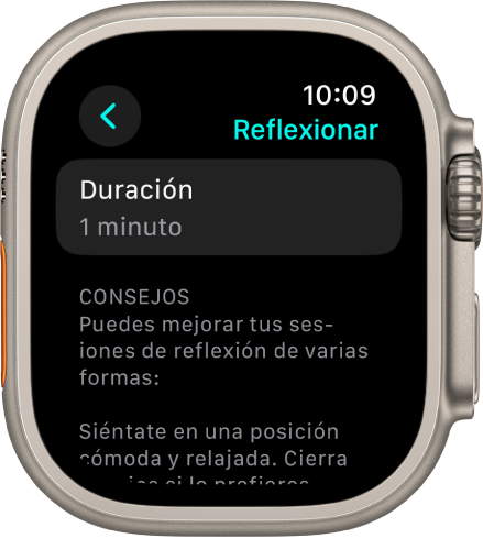 Pantalla de la app Mindfulness con una duración de un minuto en la parte superior. Debajo hay consejos para ayudar a mejorar una sesión de reflexión.