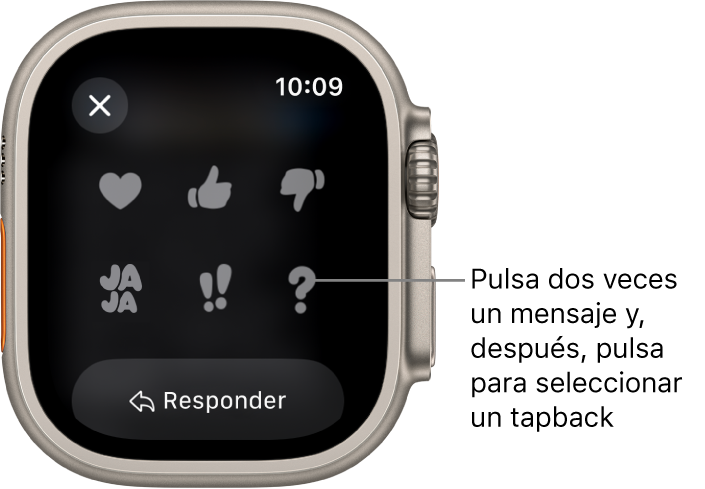 Conversación de Mensajes con opciones de Tapback: corazón, pulgar hacia arriba, pulgar hacia abajo, risa, doble signo de cierre de exclamación y signo de cierre de interrogación. Debajo hay un botón Responder.