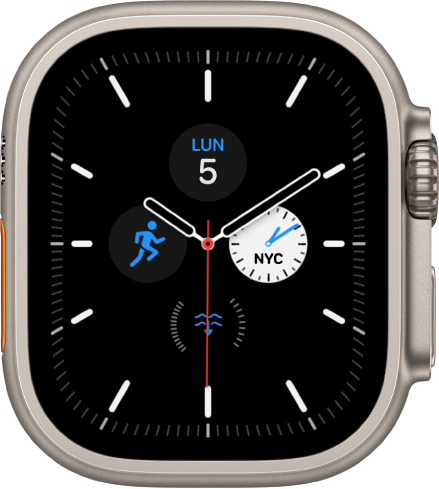 Esfera Meridiano, en la que se puede ajustar el color y los detalles de la esfera. Muestra cuatro complicaciones dentro de una esfera de reloj analógico: La fecha se muestra arriba, Reloj Mundial a la derecha, Profundidad abajo y Entreno a la izquierda.