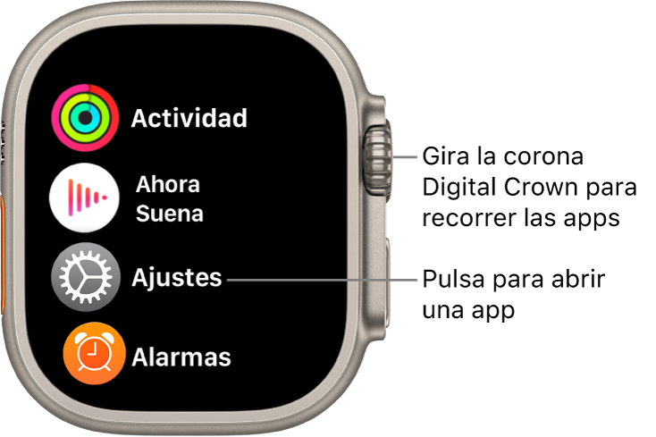 Pantalla de inicio en visualización de lista en el Apple Watch, con una agrupación de apps. Toca una app para abrirla. Desplázate para ver más apps.