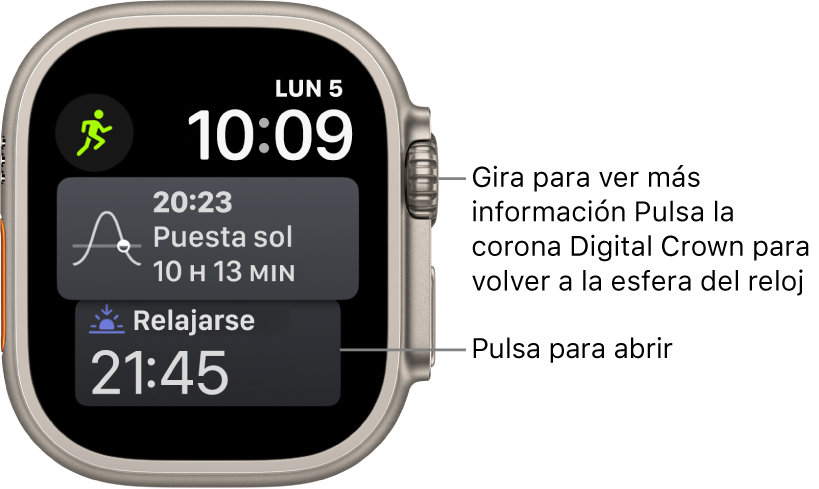 Esfera Siri, con la fecha y la hora arriba a la derecha. Arriba a la izquierda hay una complicación “Fase lunar”. Debajo se muestra la complicación “Puesta/salida sol”. Abajo del todo se muestra la complicación Sueño.