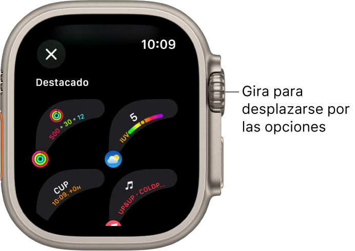 La pantalla personalizada de una esfera que muestra varias complicaciones destacadas. Gira la corona Digital Crown para ver las complicaciones.