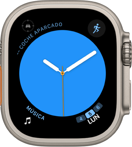 Esfera Color, en la que se puede ajustar el color de la esfera del reloj. En ella se muestran cuatro complicaciones: “Punto de referencia de coche aparcado” arriba a la izquierda, Entreno arriba a la derecha, Música abajo a la izquierda y Calendario abajo a la derecha.