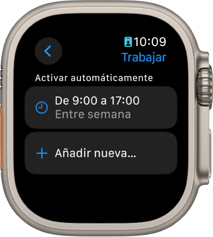 Pantalla del modo de trabajo con un horario de 9:00 a 17:00 entre semana. Debajo está el botón “Añadir nuevo”.