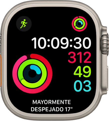 Esfera “Actividad - Digital” con la hora y el progreso de los objetivos Movimiento, Ejercicio y “De pie”. Hay también tres complicaciones: Entreno arriba a la izquierda, Actividad arriba a la derecha y la complicación “Condiciones meteorológicas”, abajo.
