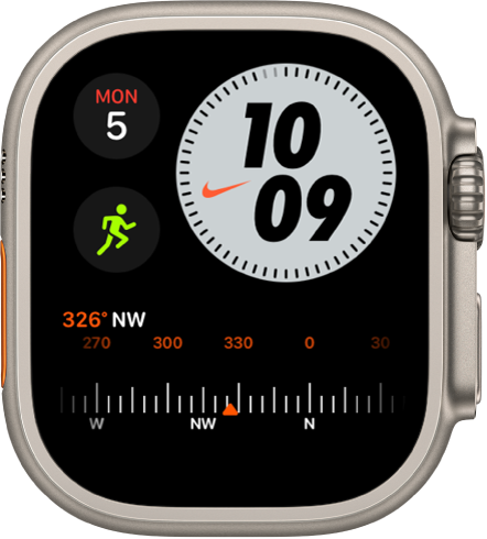 Kellakuvas Nike Compact on üleval vasakul komplikatsioon Compass, üleval paremal kellaaeg, keskel vasakul komplikatsioon Workout ning all komplikatsioon Compass Heading.