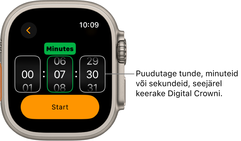 Seaded kohandatud taimeri loomiseks, tunnid vasakul, minutid keskel ning sekundid paremal. All on käivitamisnupp.