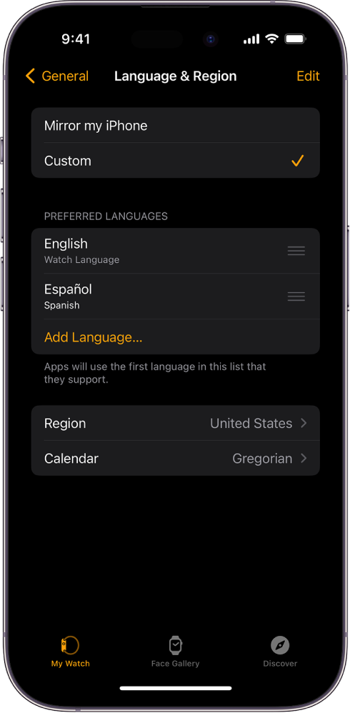 Rakenduse Apple Watch kuva Language & Region, kus jaotise Preferred Languages all kuvatakse English ja Spanish.