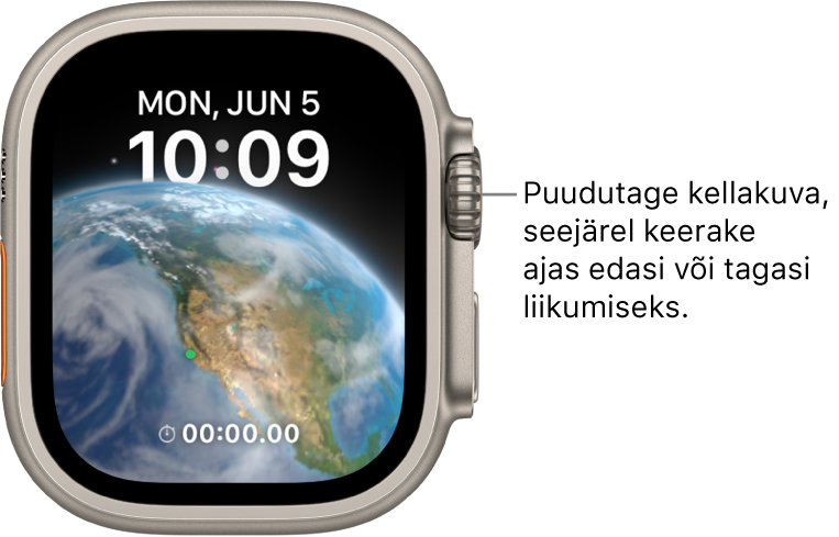 Kellakuva Astronomy, mis kuvab päeva, kuupäeva ja praegust kellaaega. All on taimeri komplikatsioon. Puudutage kellakuva, seejärel keerake ajas edasi või tagasi liikumiseks Digital Crowni.
