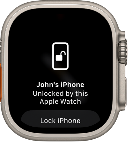 Apple Watchi kuva teatega “John’s iPhone Unlocked by this Apple Watch” (Johni iPhone avati selle Apple Watchiga). Selle all on nupp Lock iPhone.