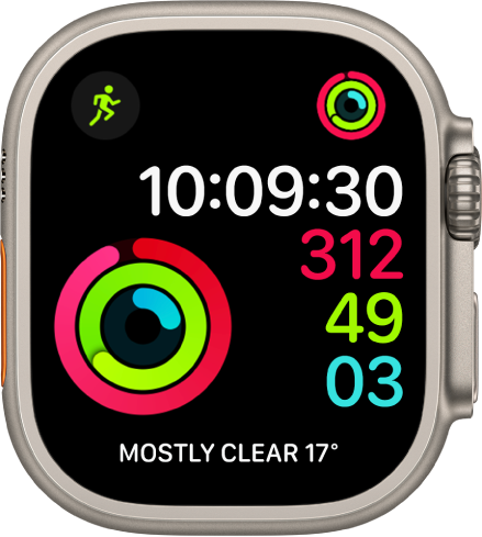 Kellakuva Activity Digital, milles kuvatakse kellaaega ning ka eesmärkide Move, Exercise, ja Stand edenemist. Seal on ka kolm komplikatsiooni: üleval vasakul Workout, üleval paremal Activity ning all komplikatsioon Weather Conditions.