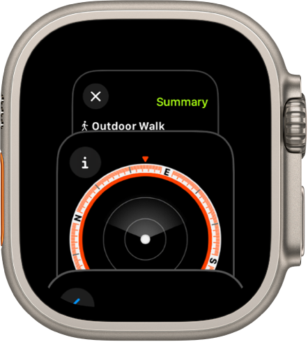 App Switcheris kuvatakse rakendust Compass. Rohkemate rakenduste nägemiseks keerake Digital Crowni. Puudutage rakendust selle avamiseks.