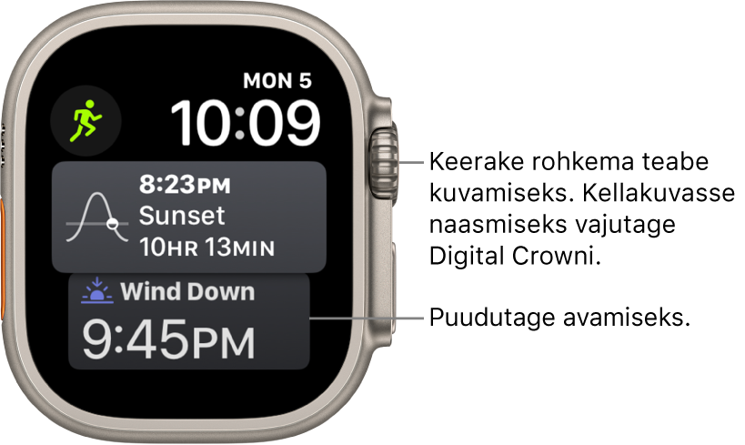 Kellakuva Siri, milles kuvatakse kuupäeva ja kellaajaga üleval paremal. Vasakul üleval on komplikatsioon Moon Phase. Selle all on komplikatsioon Sunrise/Sunset. Kõige all on komplikatsioon Sleep.