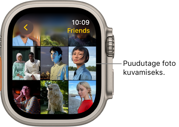 Apple Watchi rakenduse Photos põhikuva koos mitme võrgustikus kuvatava fotoga.